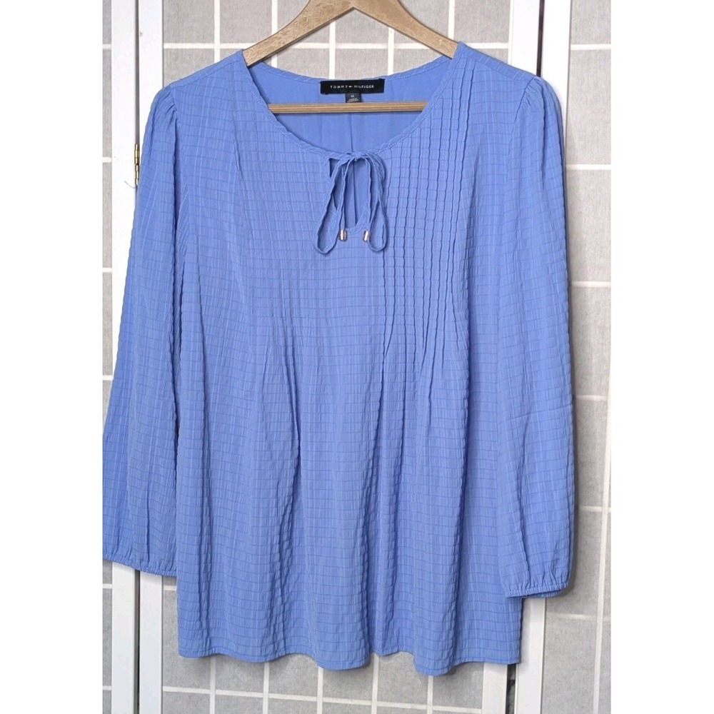 Tommy Hilfiger Womens Pintucked Blouse Medium Blue Tunic Top Long Sleeve Keyhole